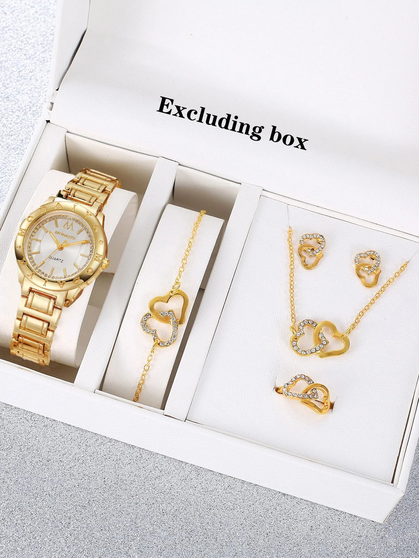 1pcs quartz watch minimalist watch women's watch gold and+5pcs versatile double heart set Qme Golden White Set