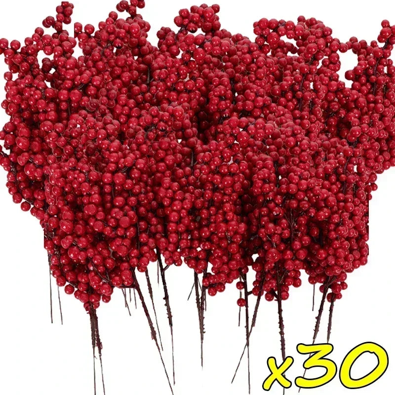 Christmas Artificial Red Berries Branch Fake Plants Flowers Holly Berry Stamen Wreath Ornaments for Xmas Tree Party Home Decor Qme 30 Branches 20.5x7x3cm