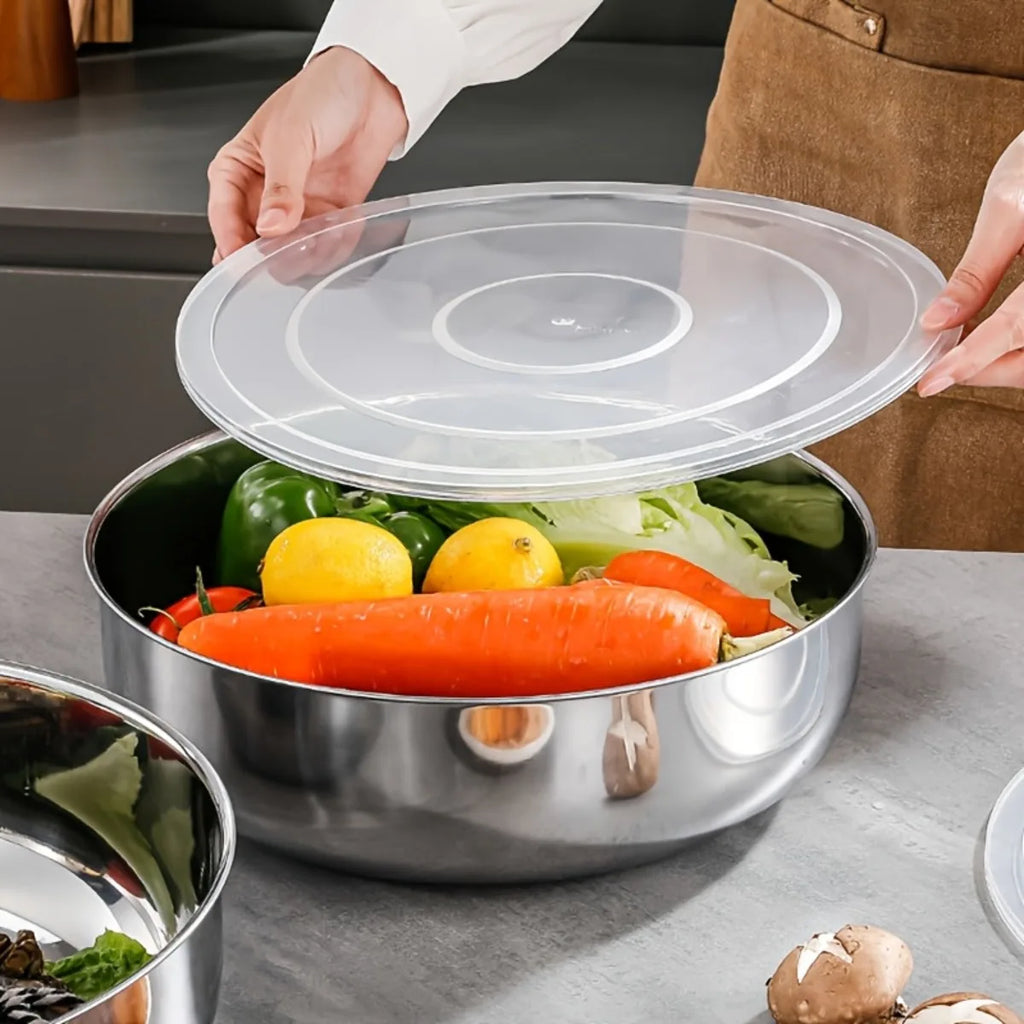 1pc- Rust-Resistant Stainless Steel Large Mixing Bowl with Lid | Deep & Wide, Ideal for Dough Kneading, Vegetable Washing Qme