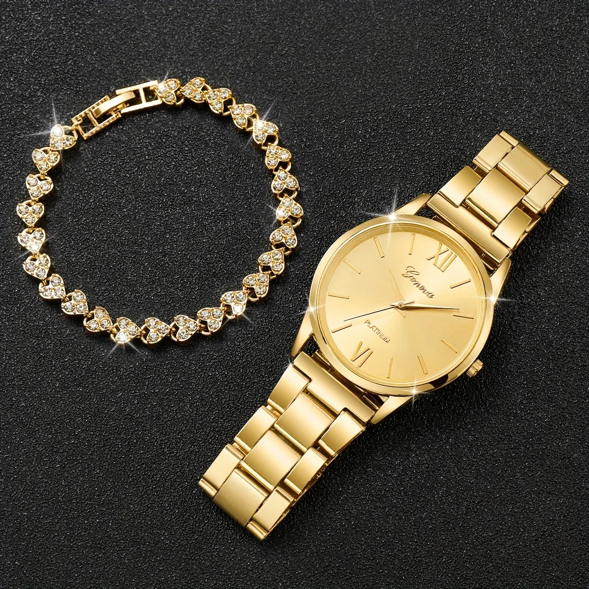 2pcs/set Golden Fashion Quartz Watch Business Minimalist Steel Band Wrist Watch & Bracelet, Gifts For Women Her Qme