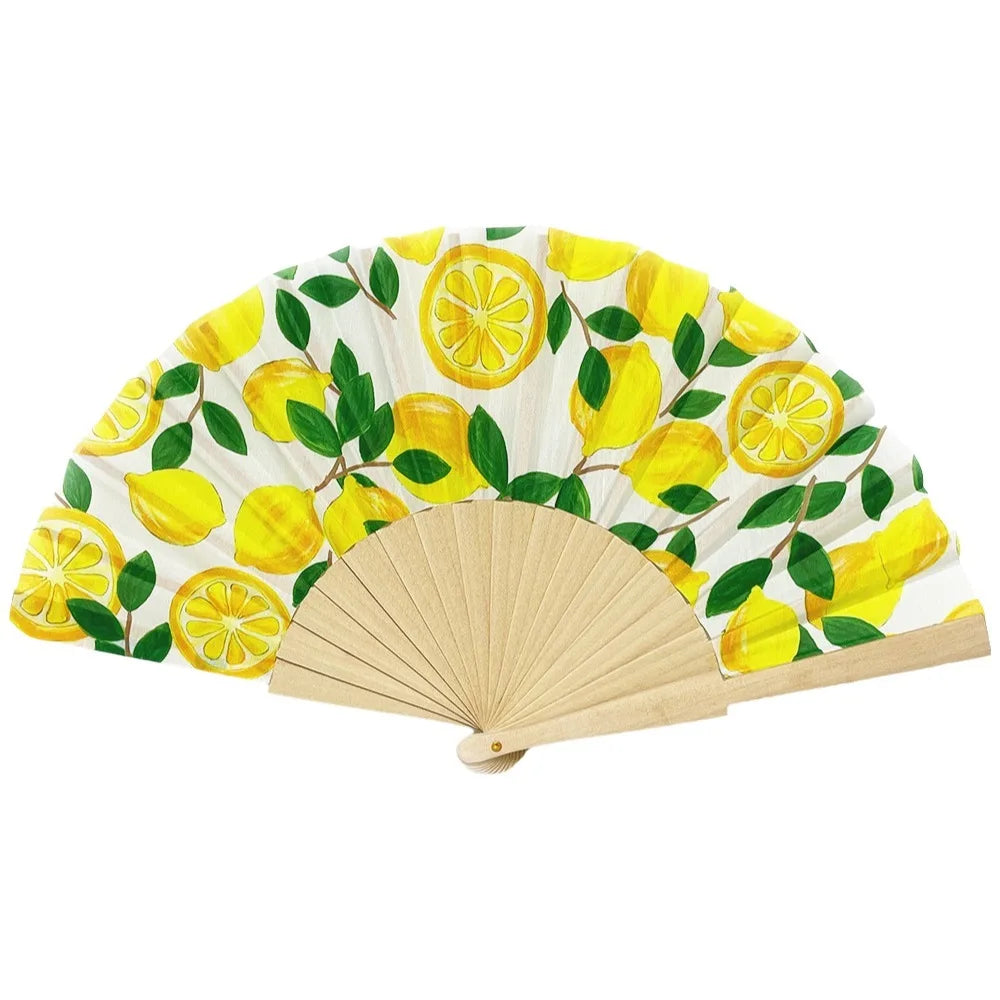 Fashion Lemon Print Folding Hand Fan Delicate Wooden Handle Cranked Qme Style 1