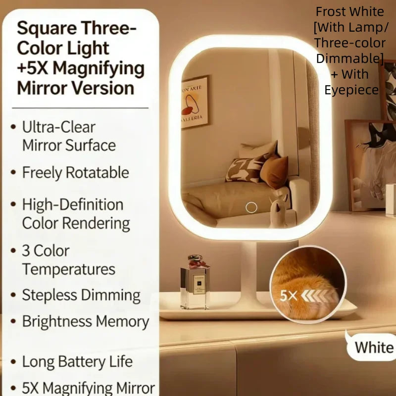 Women Bedroom Desktop Vanity Mirror 3 Color Dimmable Light LED Makeup Touch Control Mirror Home Travel Portable Qme white