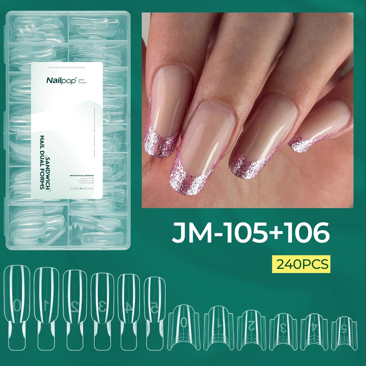 Nailpop 120 Stiletto Dual Forms Nail Sandwich 15 Shapes Clear Molds Qme Curved Square-240pcs