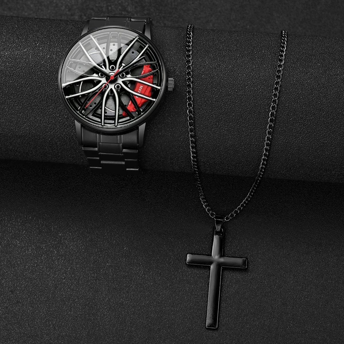 2 Pcs Fashion Men's Watches 3d Car Wheel Casual Sports Watch Stainless Steel Band Men's Wrist Watches Necklace Set (Without Box) Qme
