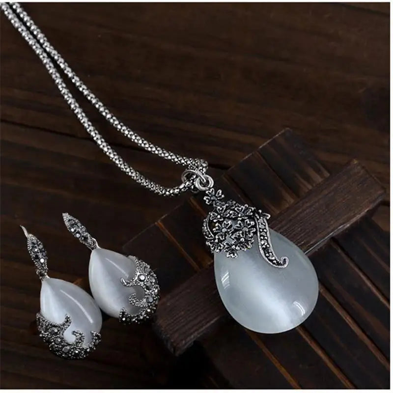 Vintage Elegant 925 Sterling Silver Color Fashion Opal Water Drop Pendants Long Necklaces Earrings Women Jewelry Sets Qme