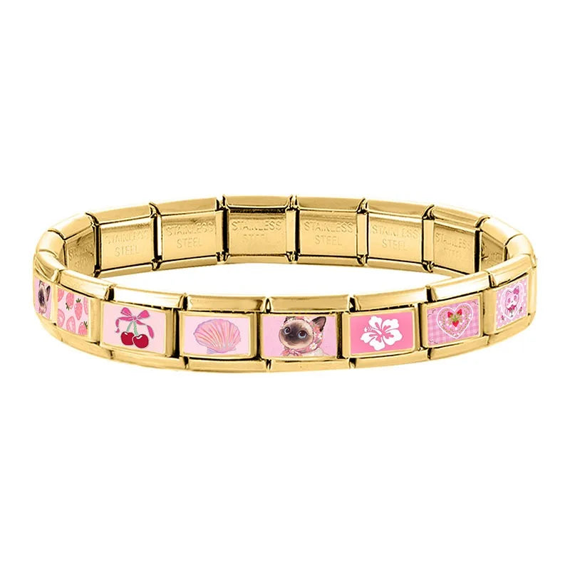 Y2K Pink Series Super Cute Cats Rabbits Tulip Lotus Cherry Golden Italian Charm Link Fit 9MM Stainless Steel Bracelet DIY Making Qme
