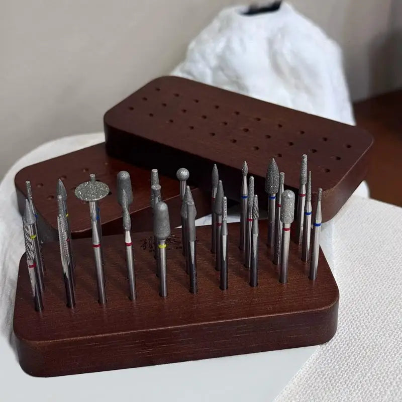 30 Slots Polishing Head Storage Walnut Wood Nail Drill Bit Organizer Qme