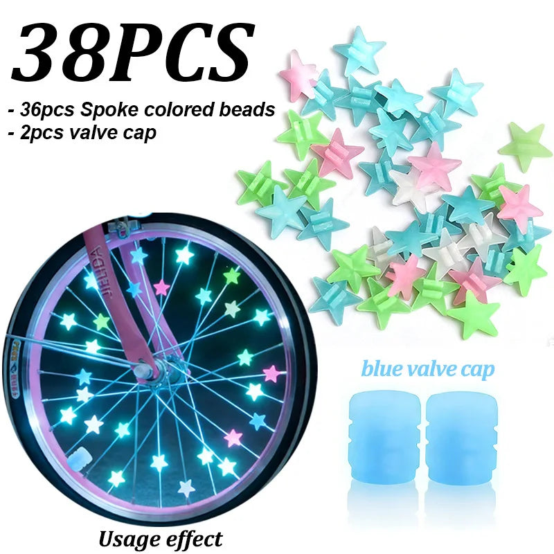 38Pcs Glow-in-the-Dark Spoke Beads & Valve Caps Set, Luminous Star Wheel Decorations for Night Riding Qme blue valve cap