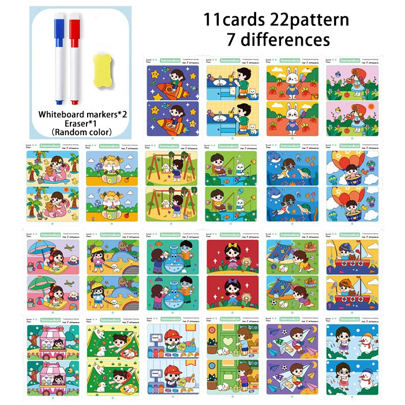 Focus Training Spot the Difference Game Reusable Cards for Training Focus and Concentration,With Erasable Pen,3 modes Qme 22 Pages 7 different