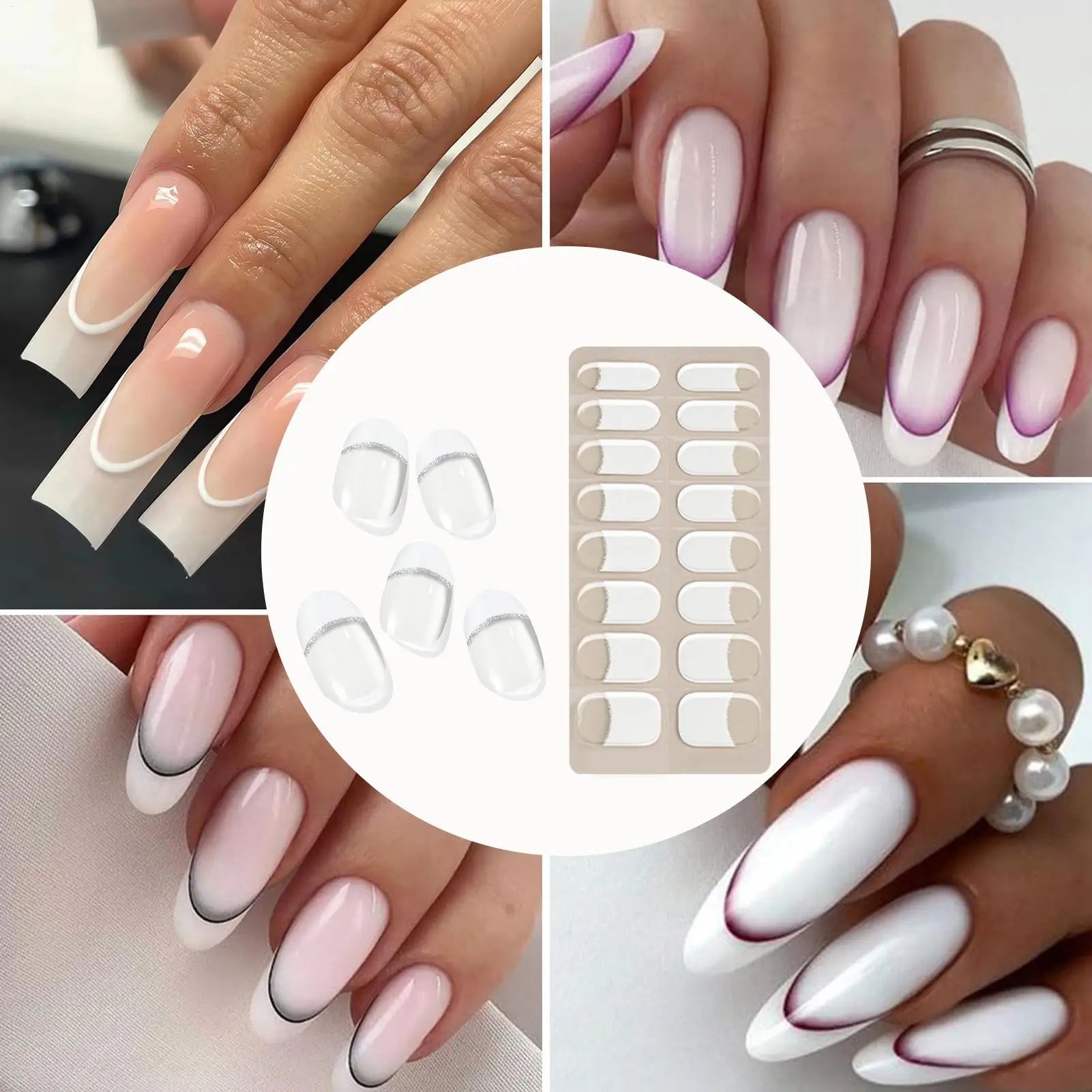 Semi Cured Gel Nail Strips French Gel Sticker Nails No Damage Manicure Supplies for Women Wife Ladies Girls Beauty Lovers Qme