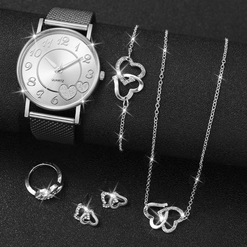 6 pçs/set moda coração dial relógios femininos banda de plástico relógio de quartzo strass coração conjunto de jóias (sem caixa) Qme