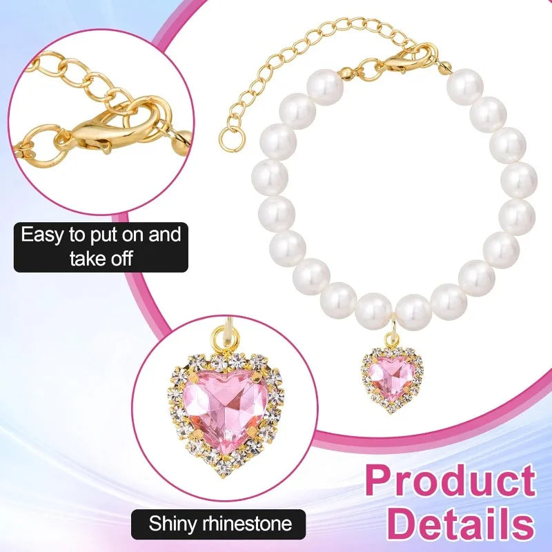 1 pet pearl heart-shaped rhinestone pet necklace collar, adjustable wedding party collar, suitable for cats and super small dogs Qme