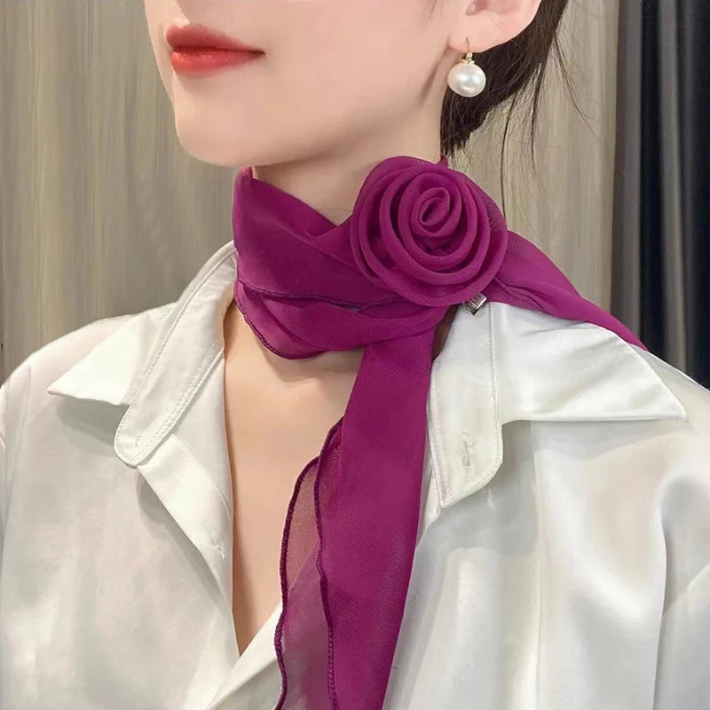 Versatile Rose Design Silk Scarf Soft Neckerchief Girls Women Long Qme Purple