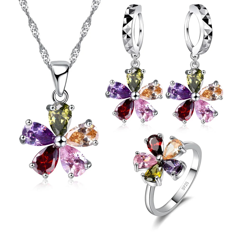 Pendant Necklace Hoop Earrings Ring Jewelry Set 925 Sterling Silver Color Austrian Colourful Crystal Lover Gift For Anniversary Qme 9