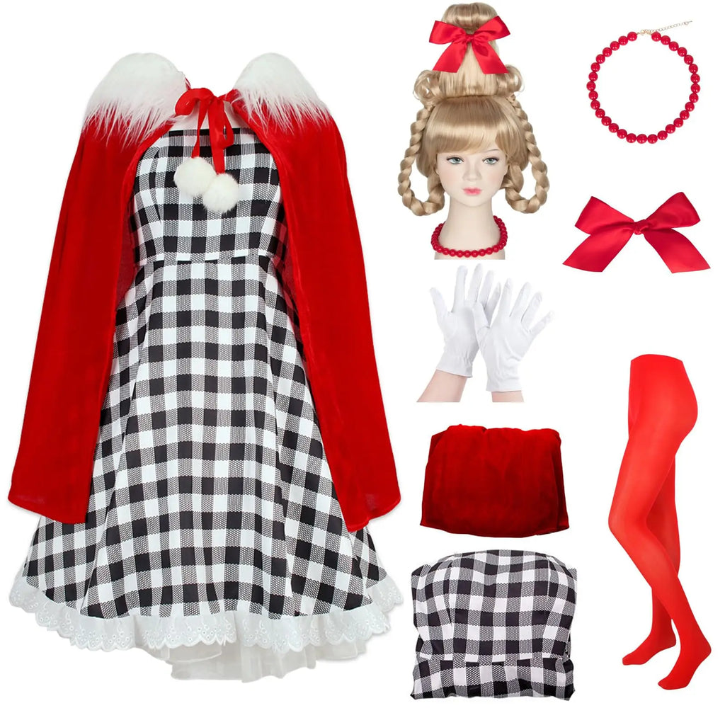 7PCS Cindy Lou Who Costume Cindy Wig Dress Cape Accessories Christmas Cosplay Outfits for Halloween Party Adult Qme