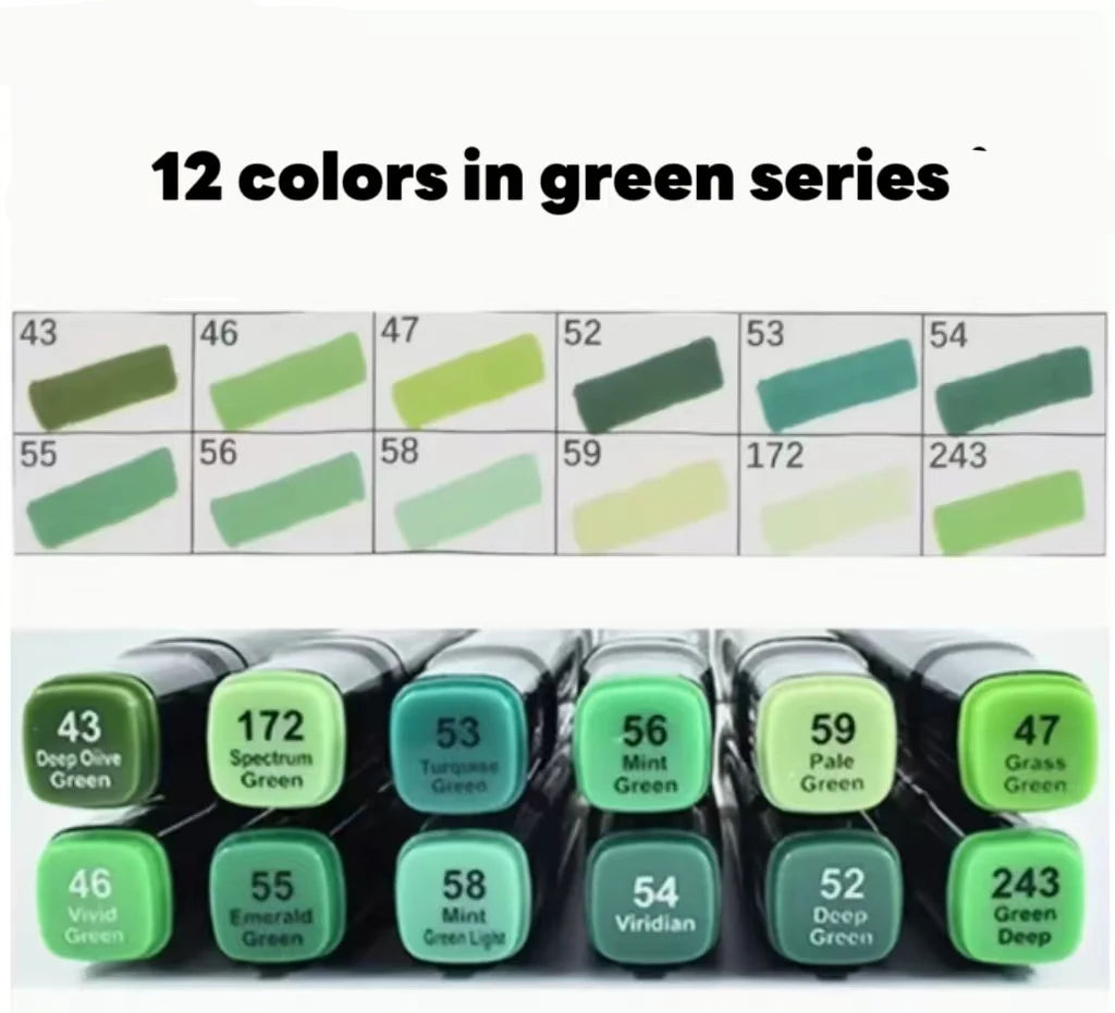 12 Pcs Oily Marker Pen Set Art Alcohol Based Markers Dual Tips Sketching Drawing Graffiti Manga School Art Supplies Qme Green Series