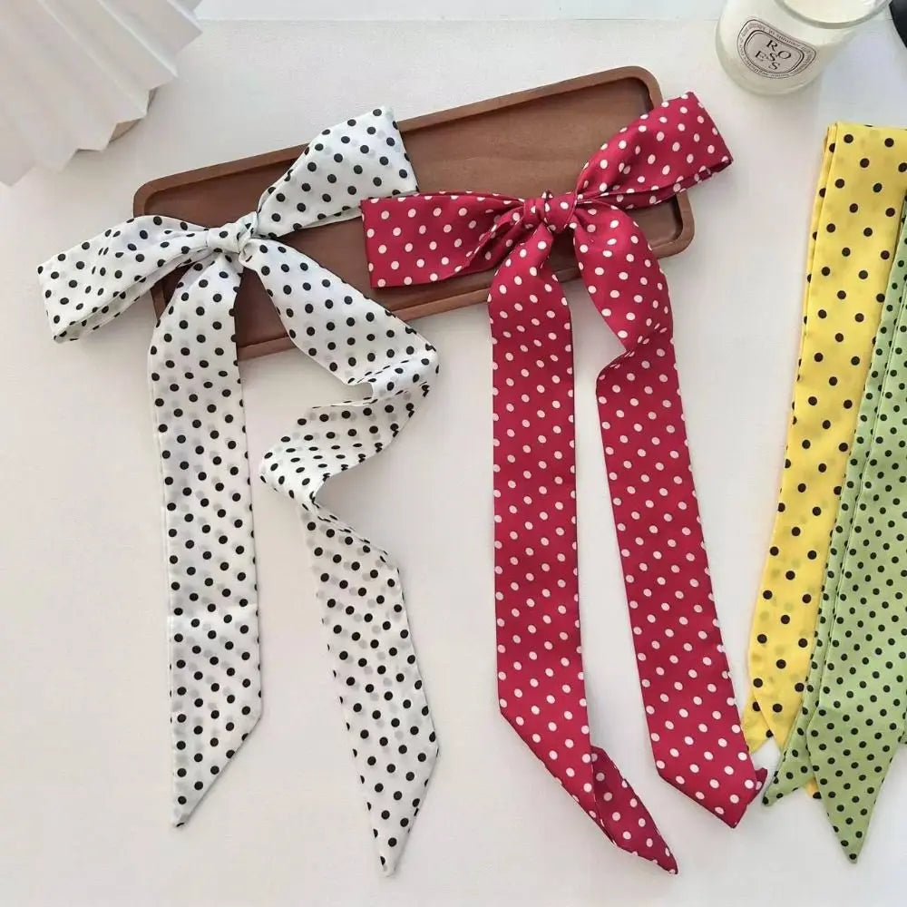 Retro Bow Ties Long Silk Scarf Ice Cream Printed Plaid Hair Band Qme