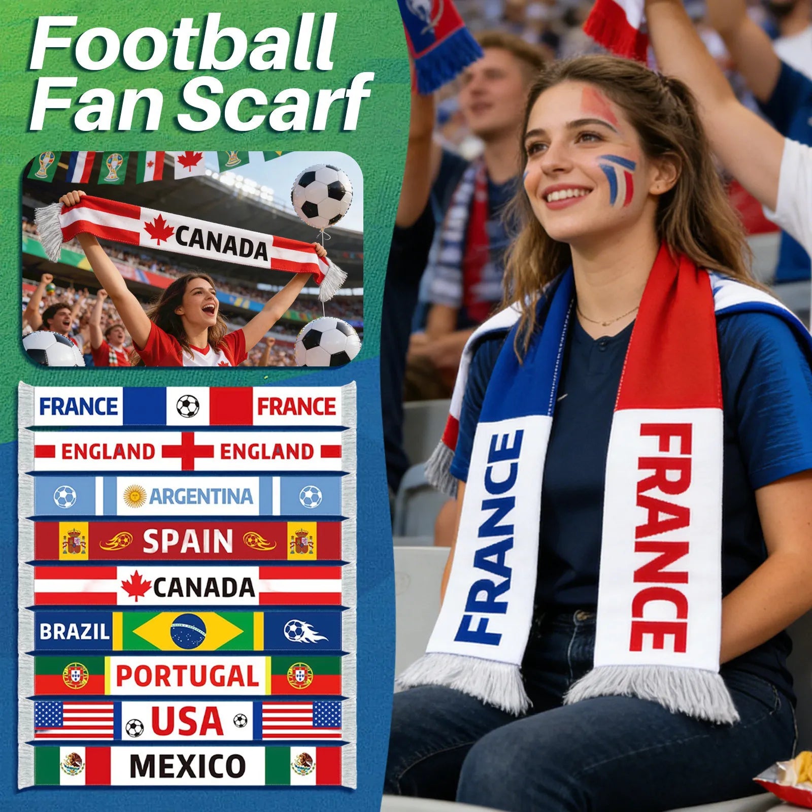 Soccer Match Fan Scarf with National Flag Design and Football Printed Long Style Cheering Props Party Supplies Qme