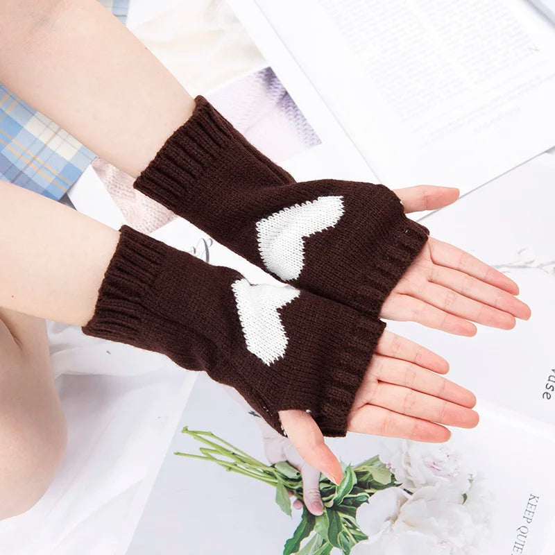 Women Gloves Stylish Hand Warmer Winter Glove Girls Arm Crochet Knitting Goth Lolita Heart Mitten Warm Fingerless Cosplay Gloves Qme coffee length-20cm