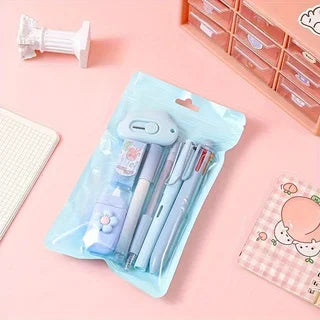 7PCS Cream Color Cute Stationery Set for School, Christmas Student Gift, Kawaii Writing Supplies with Notebook Pen Qme SKY BLUE