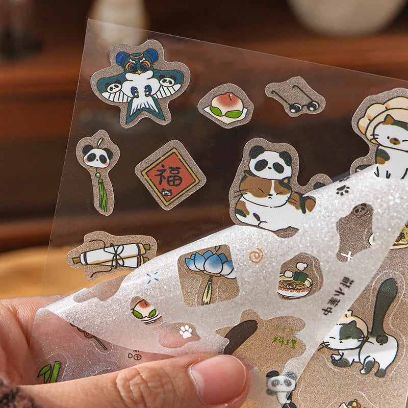 8Sheets Adorable Pets and Food Theme PET Stickers Precision Cut for Scrapbooking Journaling Decorate Phone Case Laptop DIY Qme