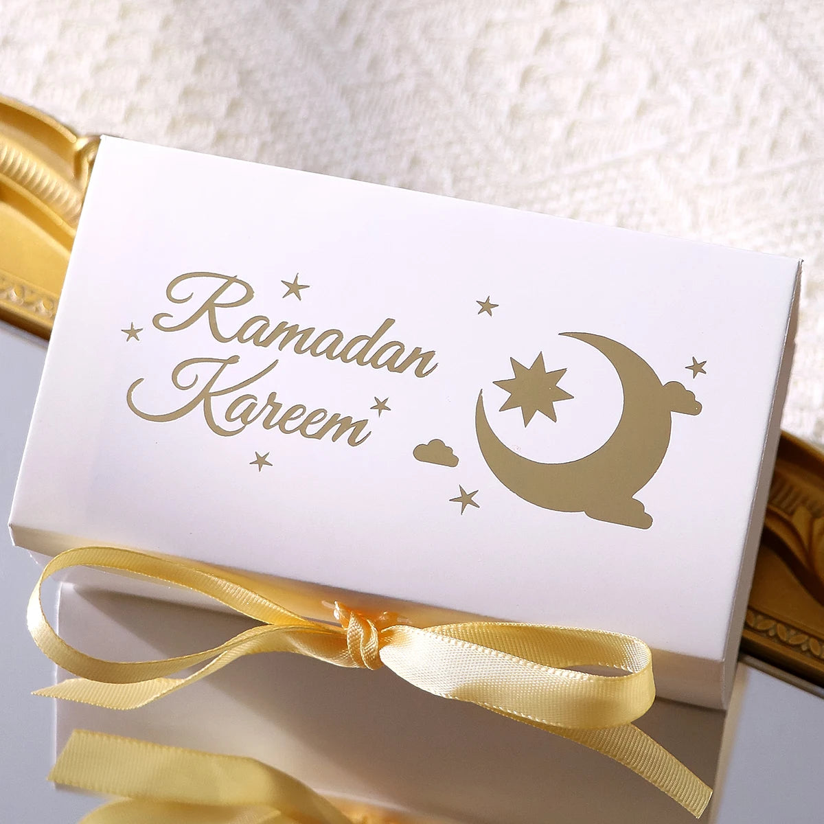 10 Rectangular Multi-Colored Gift Boxes with Gold Crescent and Planet Designs Printed on Them, Specifically Designed for Ramadan, and Adorned with Gold Ribbons — Perfect for Packaging Homemade Sweets, Premium Dates, and Sma Qme 10-Pcs-White Other Other