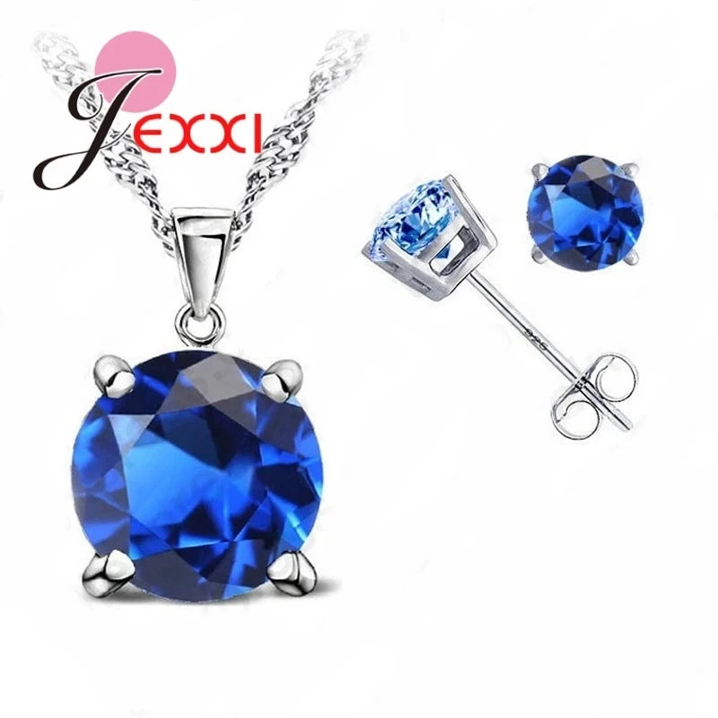 Top Sale CZ Cubic Zirconia Good Quality 925 Sterling Silver Color Jewelry Sets Stud Earring Pendant Necklace for Wedding Qme Blue