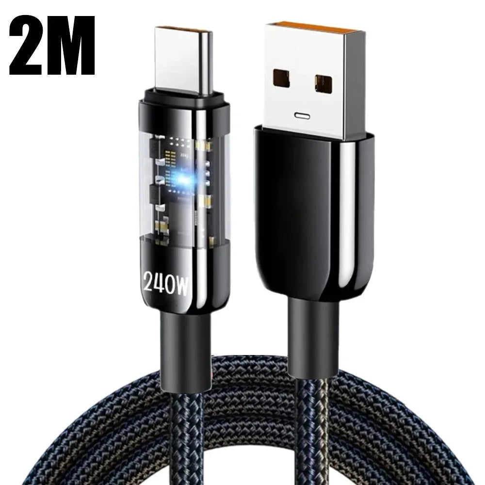 240W Type C To USB 10A Quick Charging USB C Cable Nylon Braided Transparent Type C Charger Wire for Samsung Huawei Xiaomi Line Qme 2m