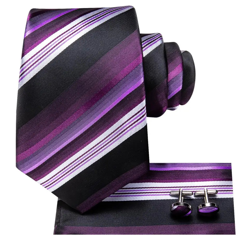 Striped Purple White Tie With Brooch Silk Elegent Necktie For Men Handky Cufflink Fashion Wedding Business Party Hi-Tie Designer Qme