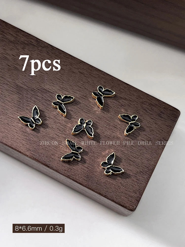 Mini Alloy Gold Silver Rimmed Butterfly Nail Charms Flat Back Tiny Metal Butterflies 3D Nail Art Embellishments for DIY Manicure Qme black 7pcs