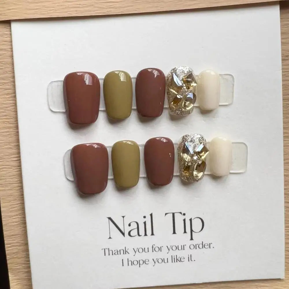 Autumn Winter Caramel Diamond Solid Short Square Fake Nail Decoration Qme