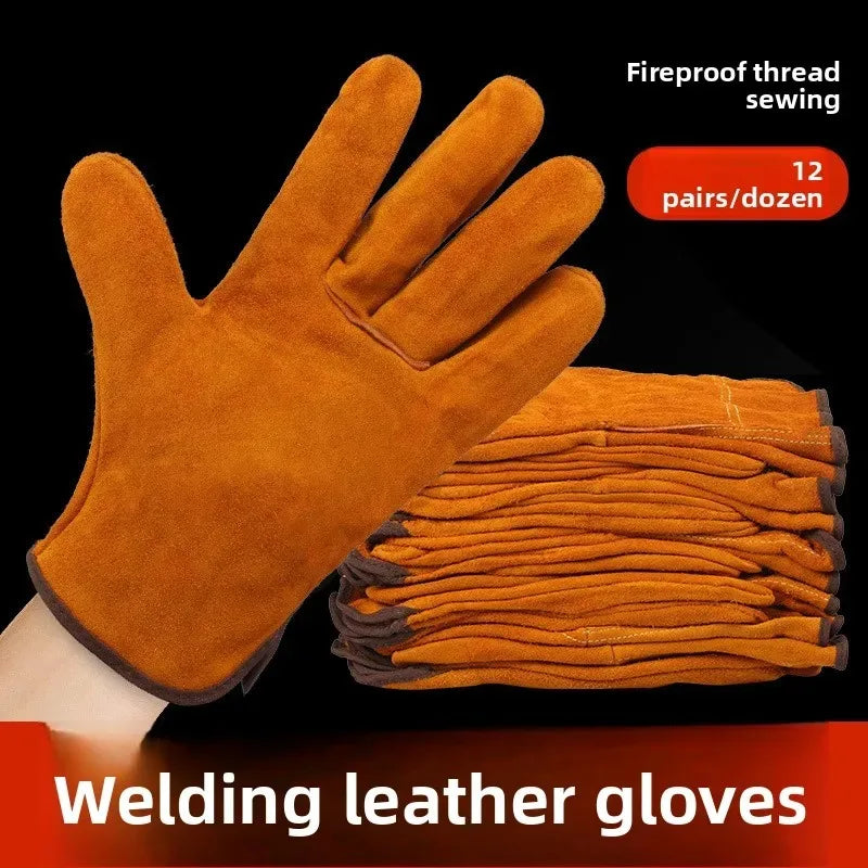 2 Pairs Genuine Cowhide Welding Gloves Heat Resistant Protective Work Gloves for Electric Arc TIG MIG Welding Qme