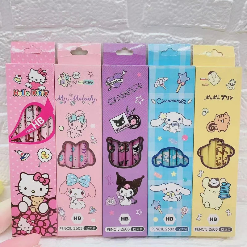 Hello Kitty Kuromi Pencil Case Set Cute Cartoon-Style Solid-Color 2B Pencils 12-Pack HB Writing Pencils Qme
