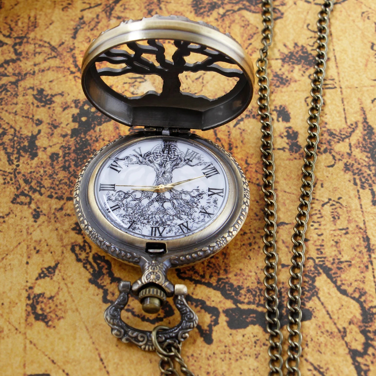 Steampunk Retro Bronze Hollow Tree of Life Quartz Pocket Watch with Fob Women's Watch Pendant Necklace Chain Men's Gift CF1088 Qme