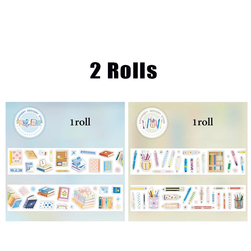 Watercolor Style Campus Stationery Washi Tape, Multi-Pattern Cartoon School Supplies for Themed Scrapbooking & Decoration Qme 2 rolls-A