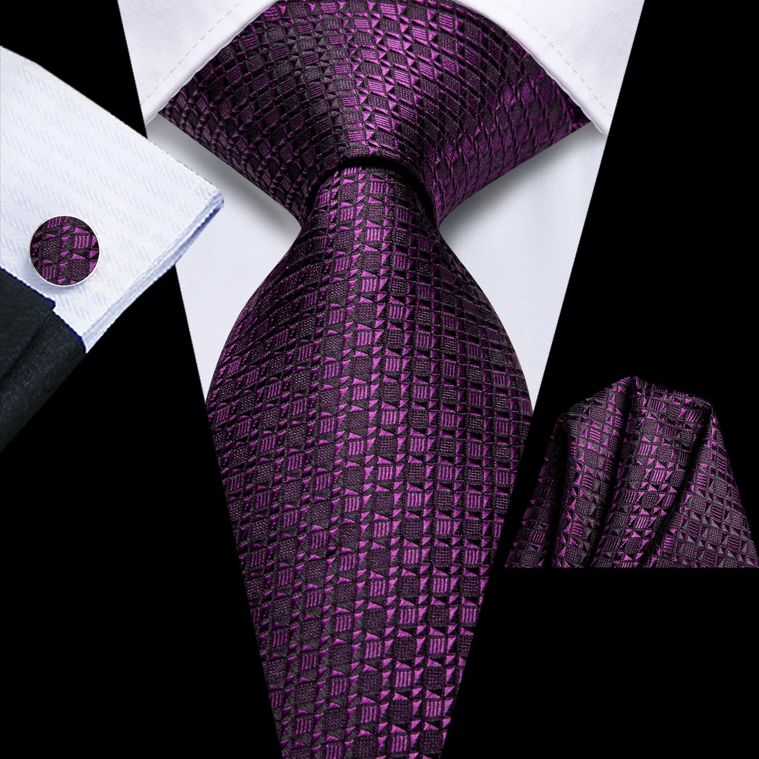 Hi-Tie 3pcs Mens Tie Purple Floral Stripes Solid Necktie Pocket Square Cufflinks Set Wedding Formal Casual Office Party Qme LDSN3905