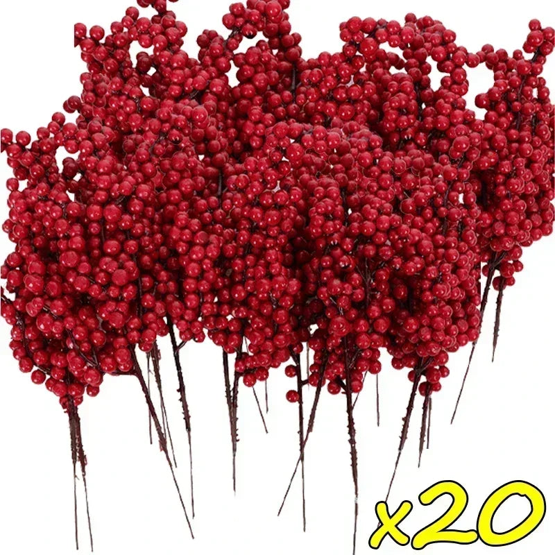 Christmas Artificial Red Berries Branch Fake Plants Flowers Holly Berry Stamen Wreath Ornaments for Xmas Tree Party Home Decor Qme 20 Branches 20.5x7x3cm