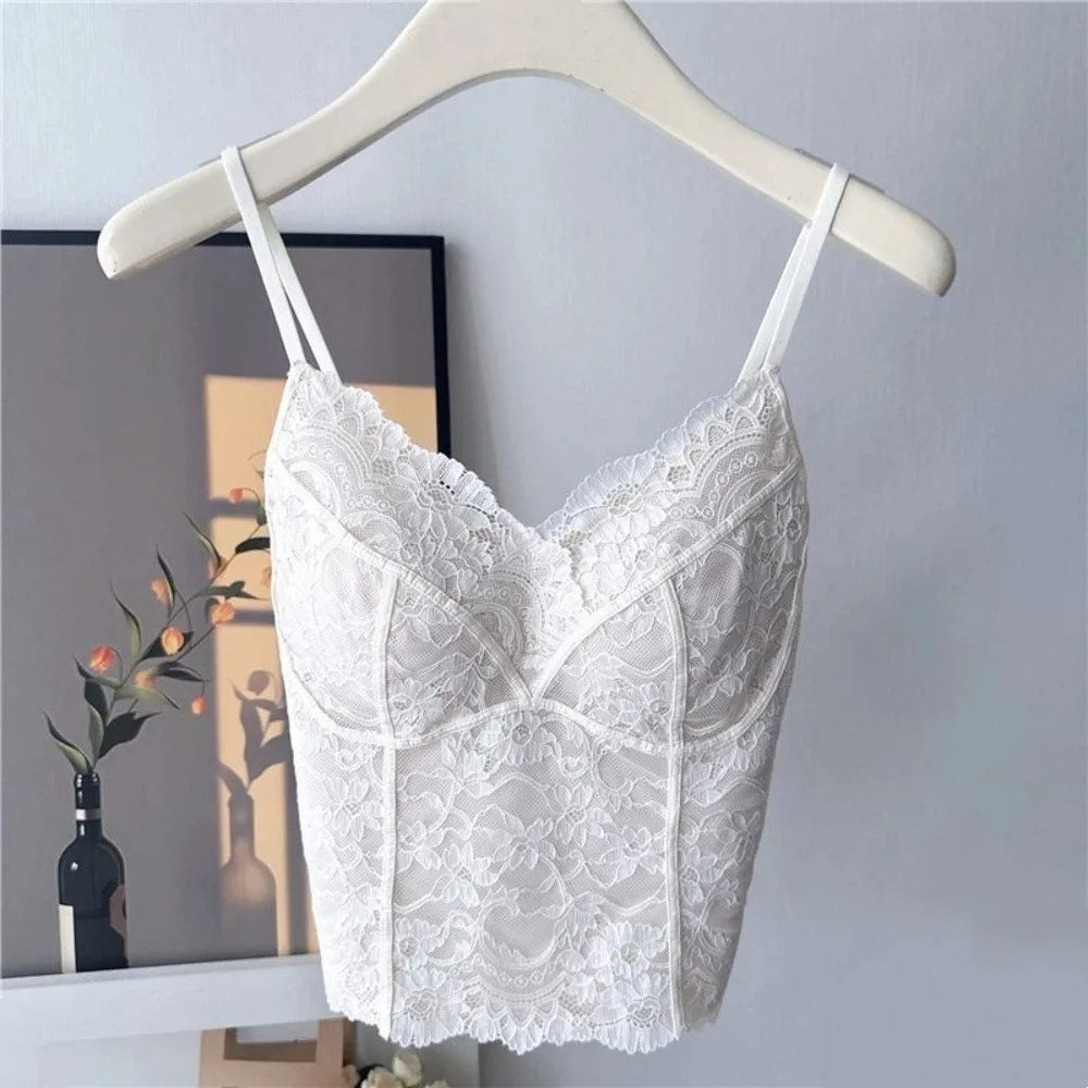 Mesh Flower Slim Lace Crop Sweet Camisoles Summer Girl's Vest Spicy Qme Champagne L