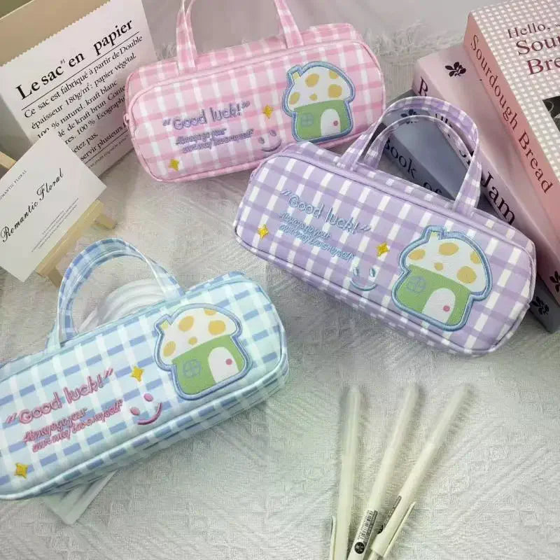 Plaid Pattern Double Layer Student Pencil Case 2 Zippers Handle Water Qme