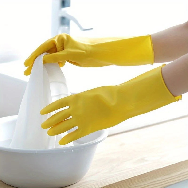 2 pairs of yellow rubber dishwashing gloves - reusable, flexible and durable, suitable for kitchen, bathroom and outdoor cleanin Qme
