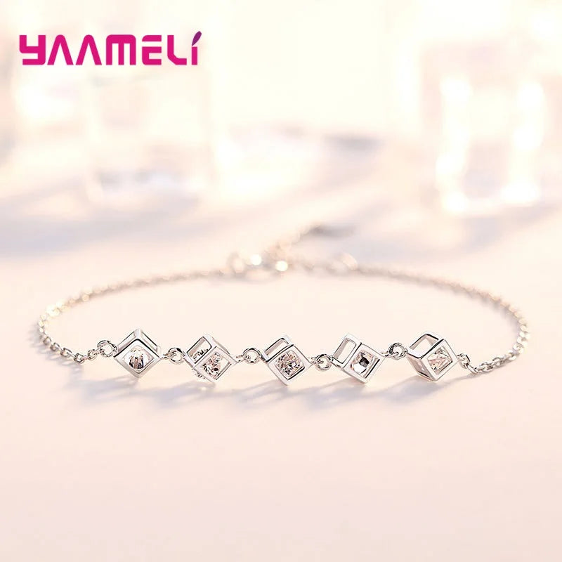 Top Sale 925 Sterling Silver Color Jewelry Gift Set Cube Cubic Zircon Necklace/Earrings/Bracelet/Ring for Wedding Engagement Qme