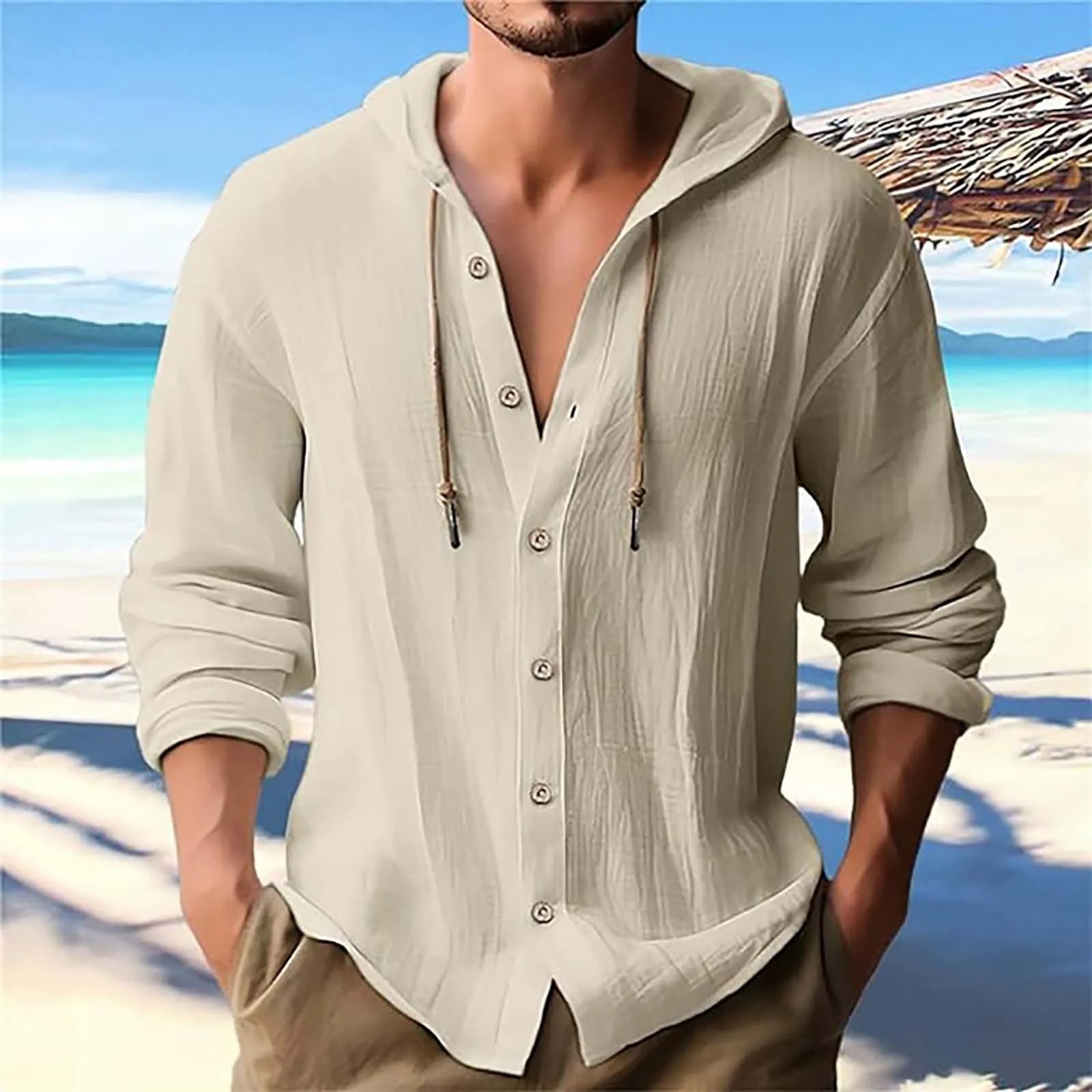 Men's Solid Color Casual Long Sleeved Shirt With Hood And Drawstring Cotton And Linen Cardigan Fashionable Daily Versatile Top Qme Beige L