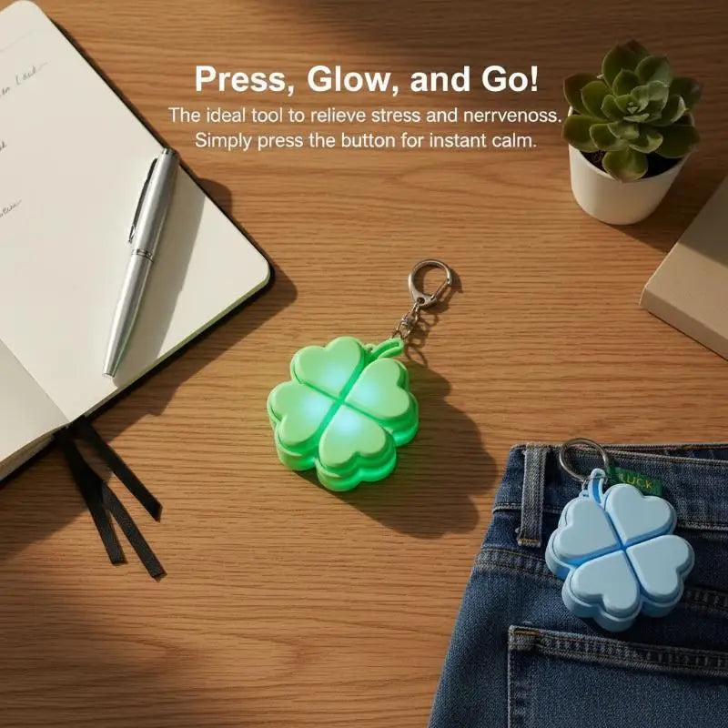 Lucky Four-leaf Clover LED Light Up Keychain Clickable Buttons Stress Qme