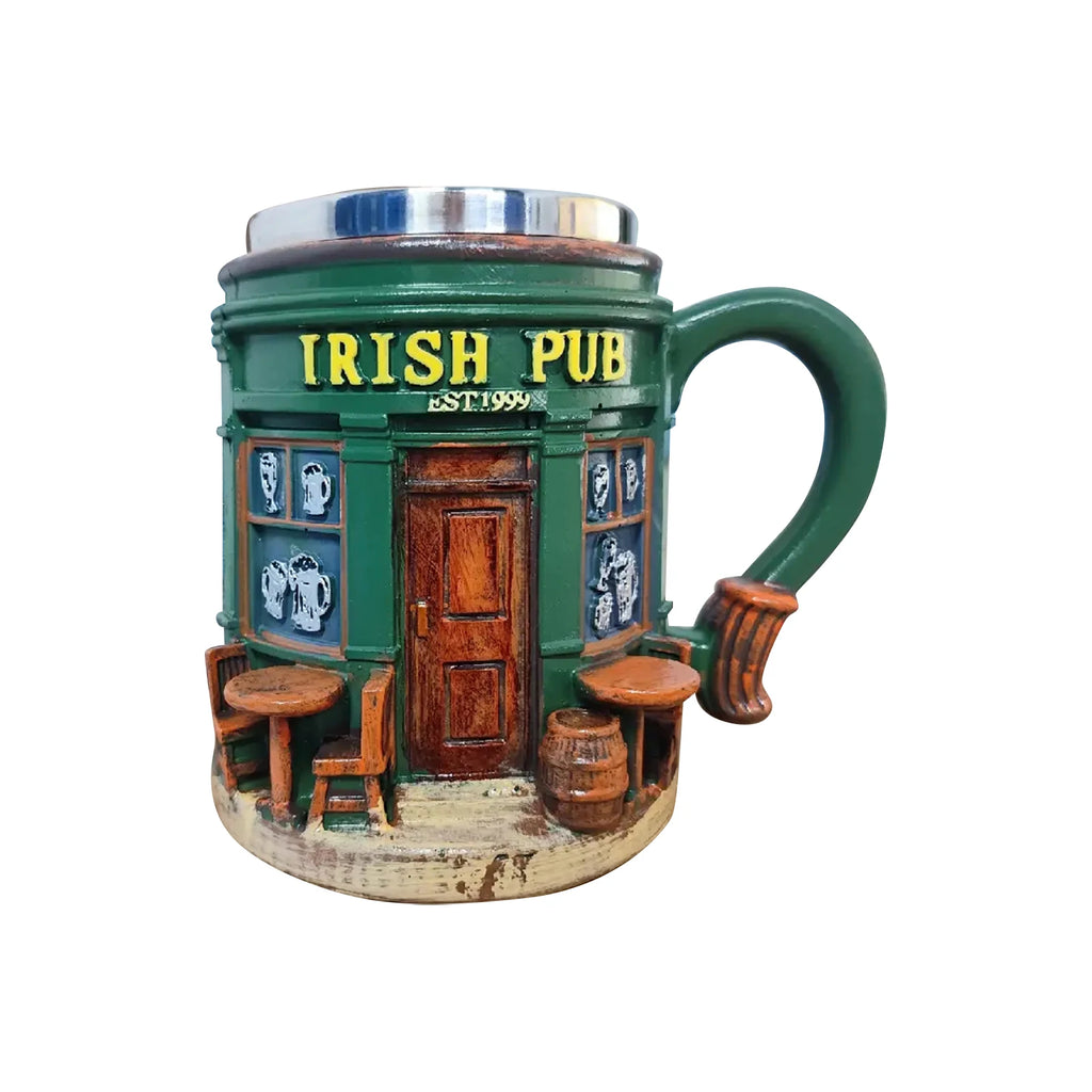 Creative Irish Pub Stainless Steel Mug Home Bar Resin Crafts Ornaments Beer Mug Coffee Cup Drinking Utensils Xmas Holiday Gift Qme