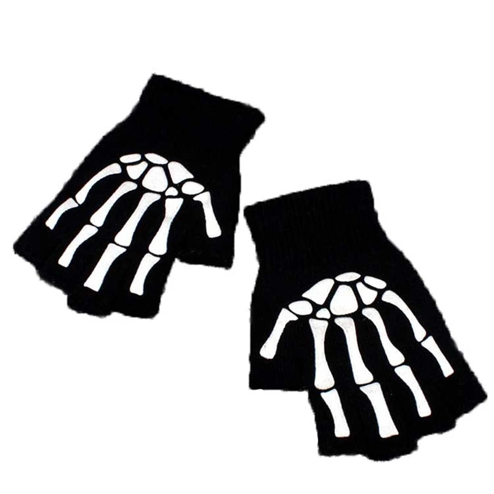 1Pair Punk Gloves Unisex Halloween Skeleton Skull Half Finger Gloves Glow In The Dark Fingerless Stretch Knitted Winter Mittens Qme