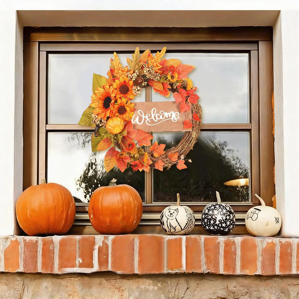 Fall Wreath Outdoor Realistic Sunflower Pumpkin Maple Ornament Qme