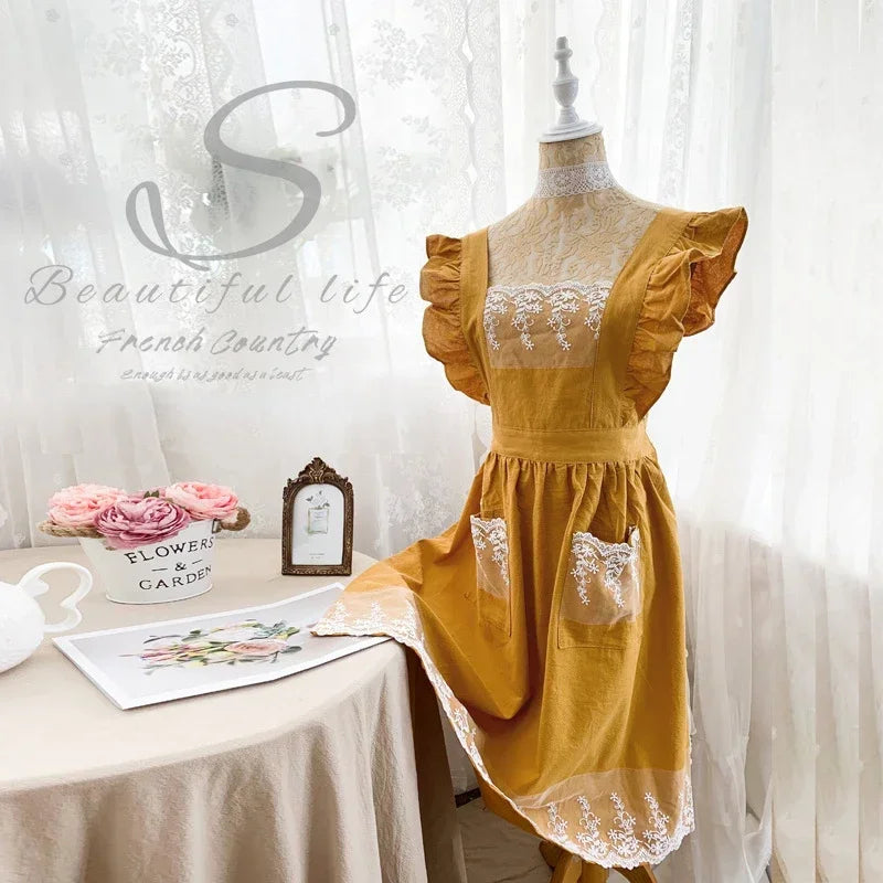 Female Women Apron Cotton Linen Aprons Dress Garden Cafe Kitchen Cooking Florist Palace Style Vintage Fashion Dress Aproning Qme Yellow