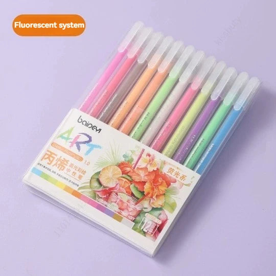 12Pcs/set Acrylic Watercolor Gel Pen Large Capacity Highlighter Fine Tip 1.0mm For DIY Black Cardstock Drawing Marking Doodling Qme Fluorescence