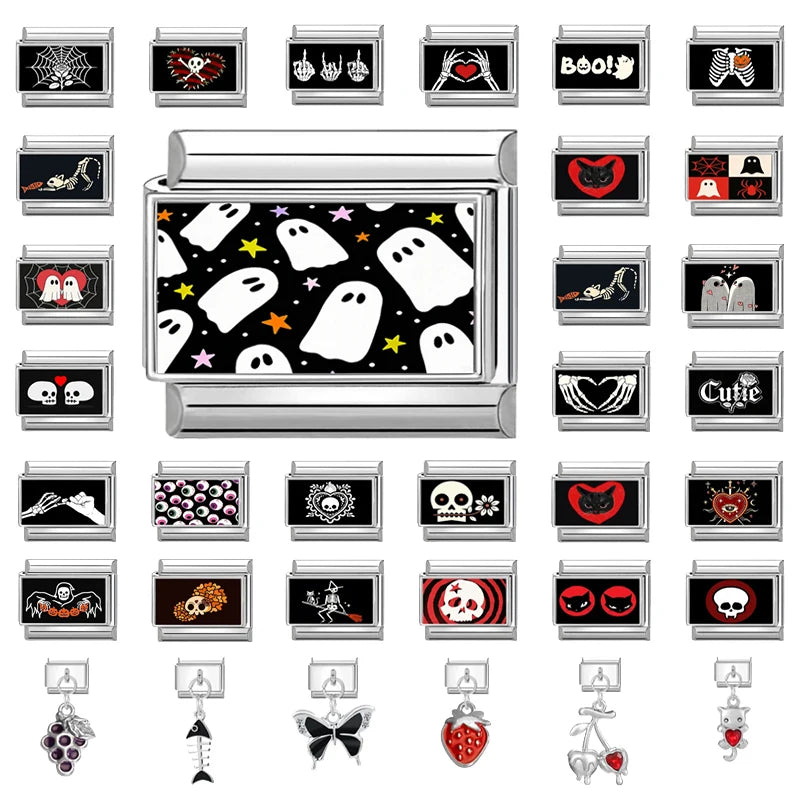 2026 Women Men Colored Star Ghost Cats Halloween Charms Italian Links Fit 9mm Bracelet Stainless Steel DIY Making Jewelry Gift Qme