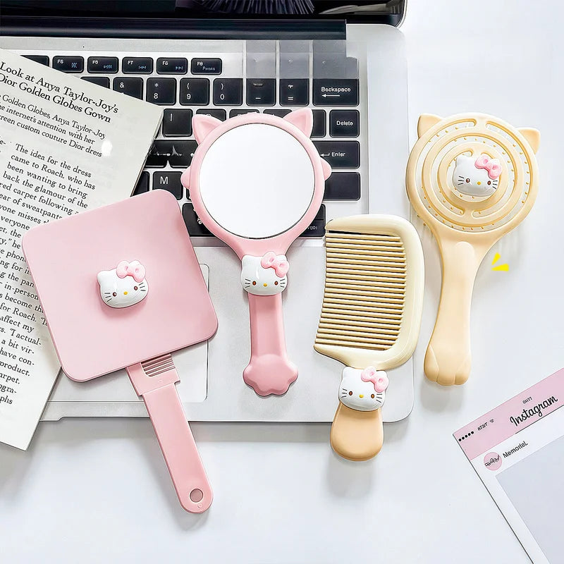 Hello Kitty Volumizing Openwork Comb Massage Cushion Comb Air-Cushion Comb Straightening Comb and Mirror 4-Piece Set Qme
